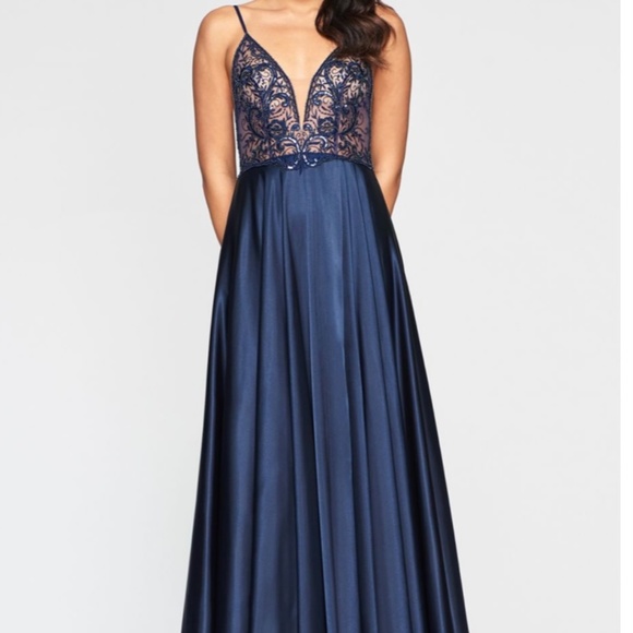 Faviana Sheer Blue Prom Dress - Picture 2 of 14